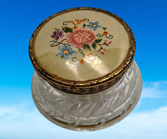 Antique Circa 1920s 1930s Art Deco Glass Trinket Jar with Brass Lid Embroidered Flower- England