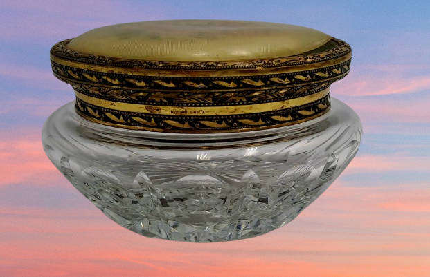 Antique Circa 1920s 1930s Art Deco Glass Trinket Jar with Brass Lid Embroidered Flower- England