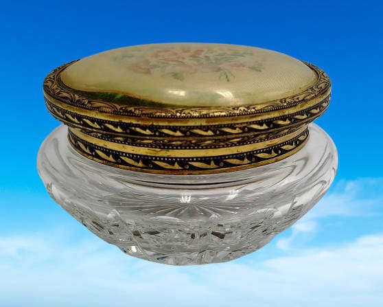 Antique Circa 1920s 1930s Art Deco Glass Trinket Jar with Brass Lid Embroidered Flower- England