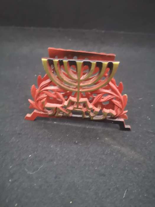 Vintage Judaica Menorah cast brass painted napkin/business card holder