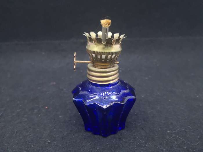 Vintage blue glass small oil lamp made in Hong Kong