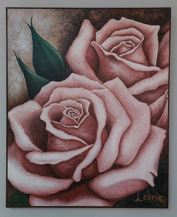 Pink Roses (by Leone) (60 x 73 x 2cm), acrylic on board, and varnished