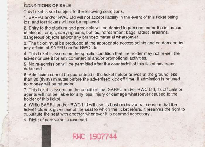 Rugby World Cup 1995 New Zealand vs Wales ticket