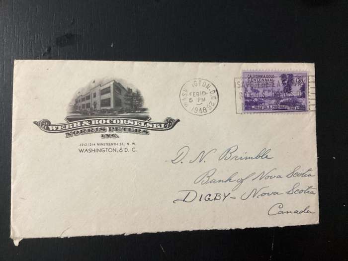 USA 1948 3C California Gold Centennial Stamp on cover DC to Canada Merry Christmas Sticker