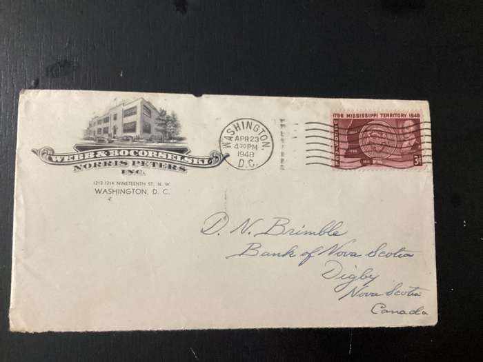 USA 1948 3c Stamp Mississippi Territory Washington DC to Canada Crippled Children sticker