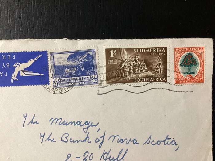 Cover (only front part of envelope) 1952 South Africa Union Airmail to Canada
