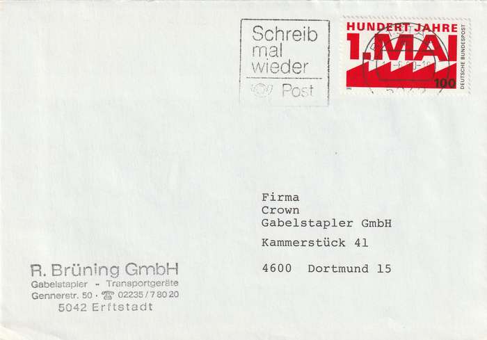 Germany Cover - 1990 - 1990 Hundert Jahre 1 Mai Slogan Schreib mal wieder Erfstadt