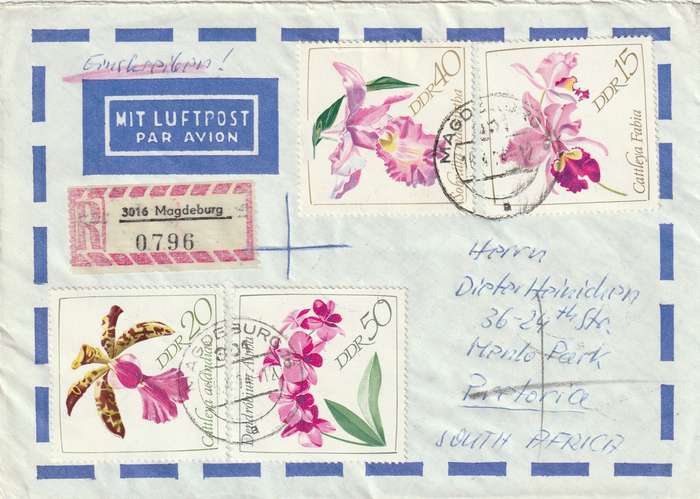 Germany DDR Registered Cover South Africa - 1972 1968 - International Meteorologist Congress Orchid