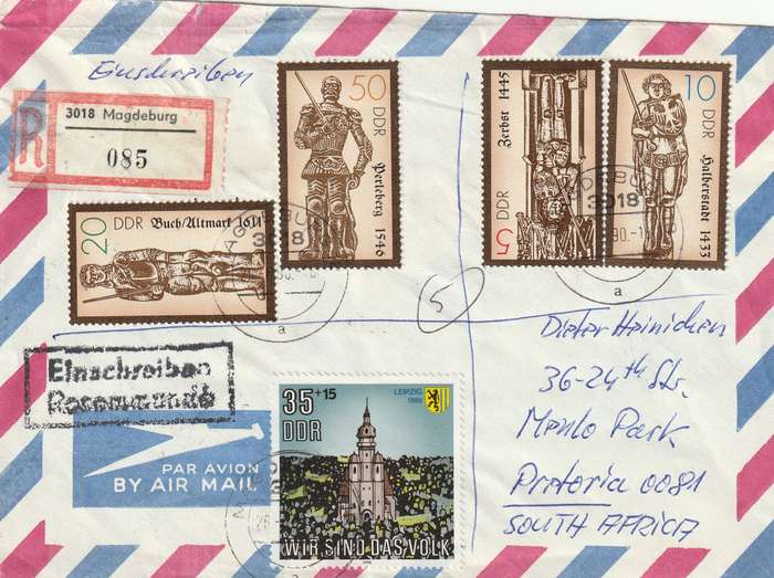 Germany DDR Registered Cover South Africa - 1989 1990 - Alfred Edmund and Christian Ludwig Sculptur