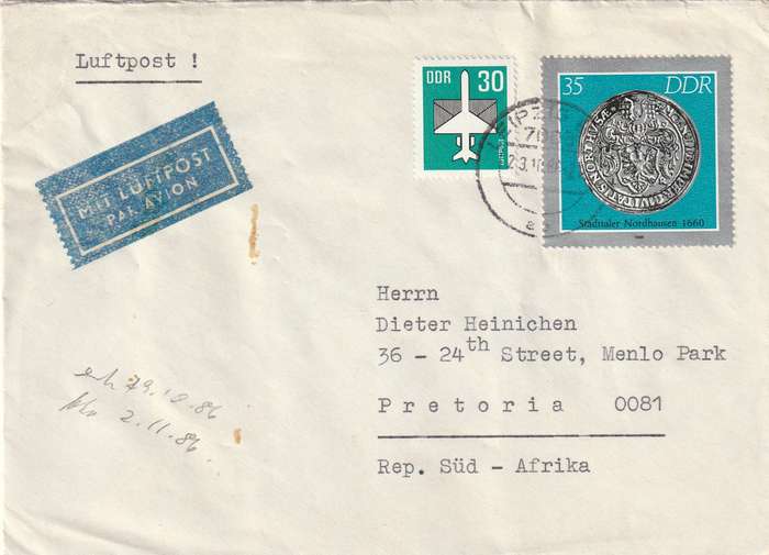 Germany DDR Cover South Africa - 1986 - Historical Coins Luftpost
