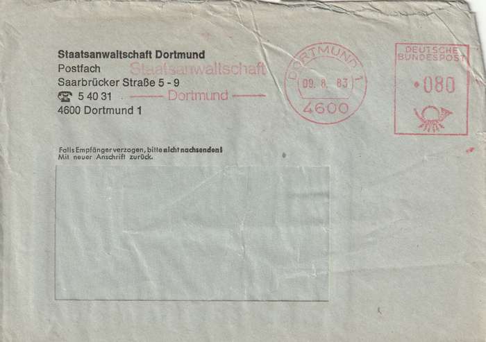 Germany Federal Cover - 1983 - Machine Cancel Dortmund Staatsanwaltschaft Public Prosecutor