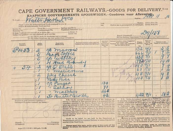 Cape Government Railways 1890-1909 -5- items Goods and Delivery forms and invoice