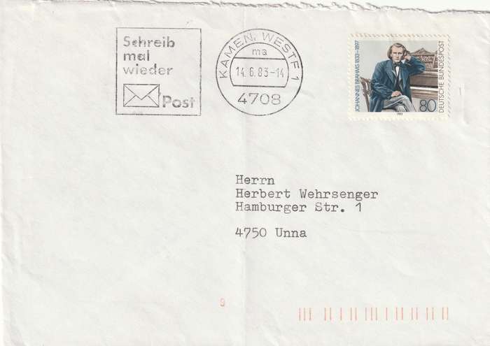 Germany Federal Cover - 1983 - Brahms Slogan Schreib mal wieder post Kamen Westf