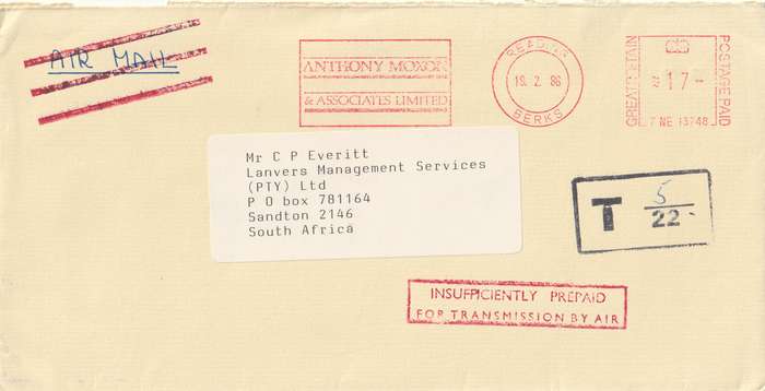 Great Britain Cover - 1986 - Slogan Insufficiently Prepaid for Transmission by Air