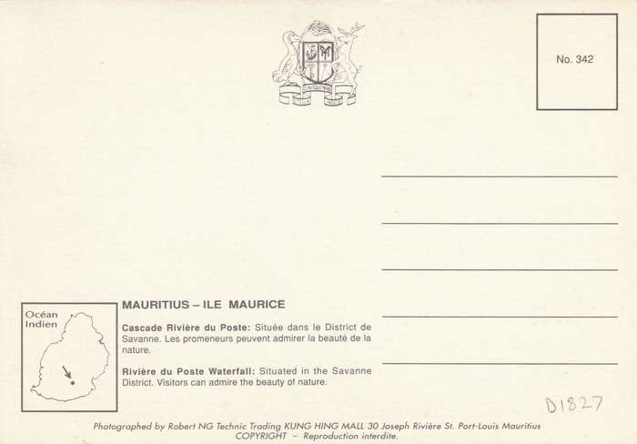 Post Card Mauritius - Cascade Riviere du Poste Waterfall Savanne District Technic Trading Bridge Br
