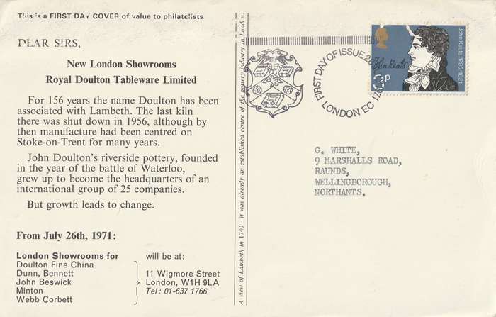 Great Britain - 1971 - FDC Literary Anniversaries Keats Royal Doultan Lambeth 1740 Pottery Industry