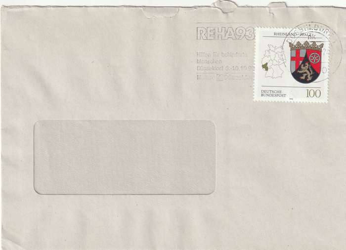 Germany Federal Cover - 1992 - Coat of Arms COA Rheinland Rhineland Slogan Reha 93