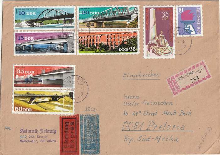 Germany DDR Cover Registered Einschreiben - 1976 1977 - Solidarity Committee Bridges Soviet soldier