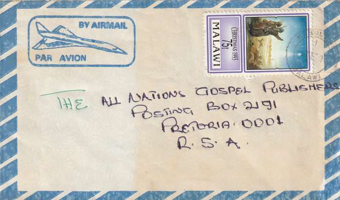Malawi Cover - 1993 - Christmas Shepherds Concorde Airmail