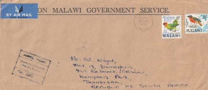 Malawi Cover Official Government Service - 1968 (1970) - Birds Nyasa Lovebird White-browed robin-ch