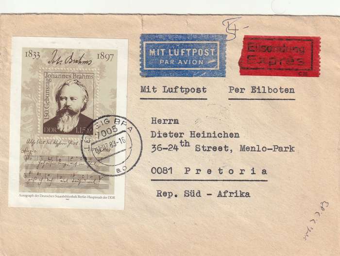 Germany DDR Cover Eilsendung - 1983 - Johannes Brahms Composer