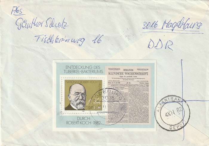 Germany DDR Cover Einschreiben Registered - 1982 - TB Bacillus Centenary Robert Koch Tugboats River