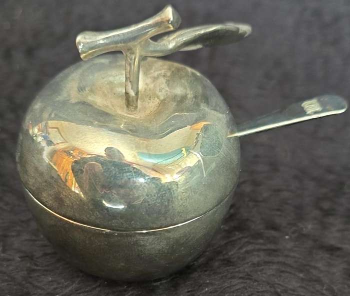 Vintage Silver Coloured Metal Apple Shaped Trinket Pot & Liner, with EPNS silver spoon