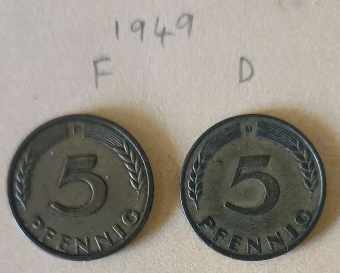 1949 F & D German 5 PHENNIG ~ 2 Coin Lot