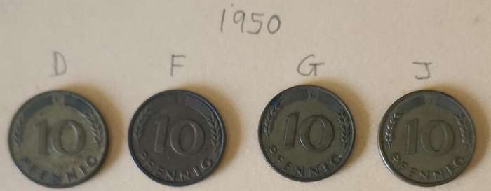 1950 D, F, G & J German 10 PFENNIG