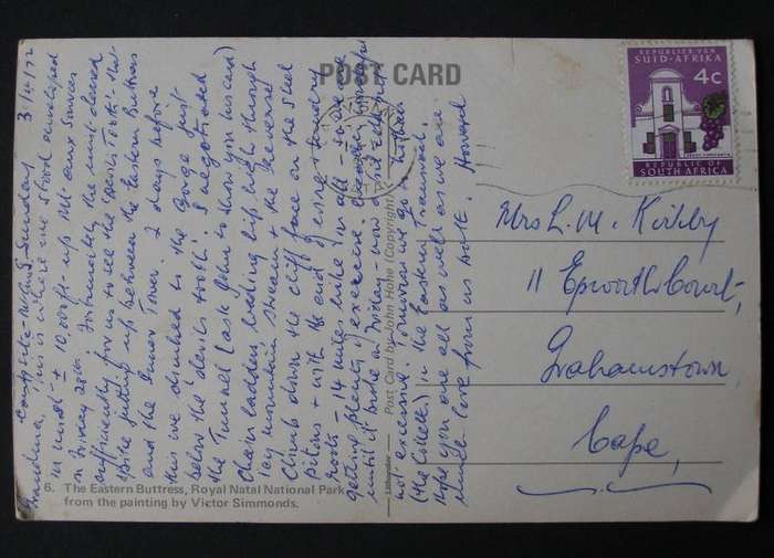 John Hone POSTCARD - The Eastern Buttress, Royal Natal National Park (from a Simmonds painting) 1972