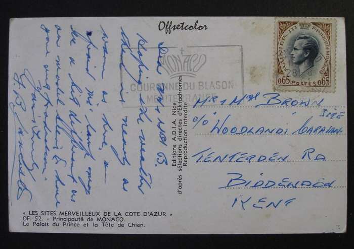 Monaco POSTCARD - Palace of the Prince, Cote d'Azur 1961