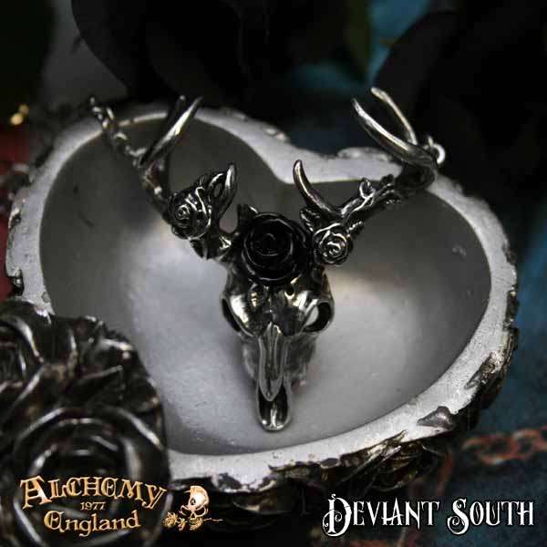Alchemy Gothic P807 White Hart, Black Rose -- rose garland pewter stag skull necklace