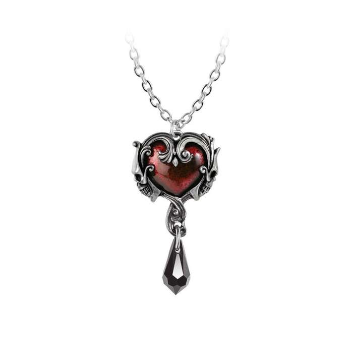 Alchemy Gothic P931 Petite Affair du Couer -- red heart skulls black Swarovski teardrop pewter neckl