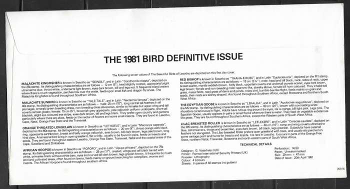 Lesotho 1981 - Birds Definitive - FDC