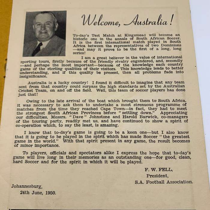 Soccer  1950 Test 'Australia vs South Africa' Official Programme (Durban)
