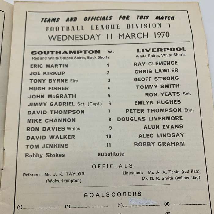 Soccer  1970 'Southampton vs Liverpool' Official Programme