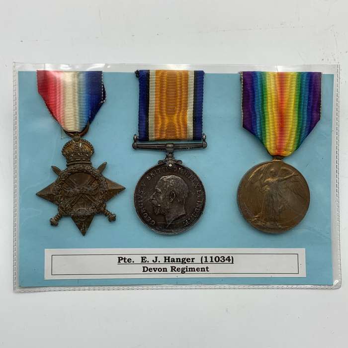WW1 Medal Trio  'PTE. E.J. Hanger' (Devon Regiment)