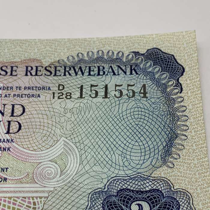 SA  'T.W. De Jongh' 1974  Two Rand 'D128' Note (A/AUC)