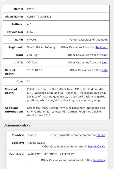 WW1  K.I.A.  Medals to 'PTE. A.C. PAYNE' (2ND S.A. Infantry)