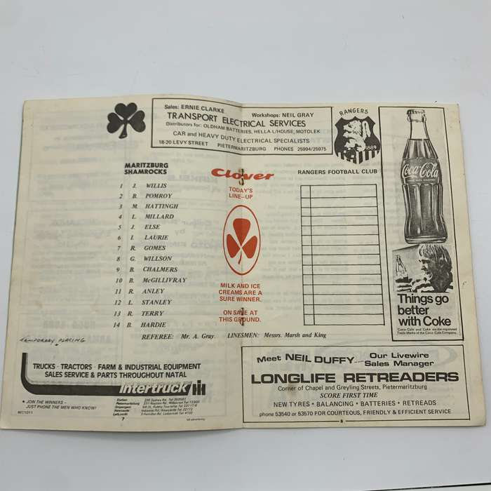 Soccer  1976 'Maritzburg Shamrocks vs Rangers' Official Programme