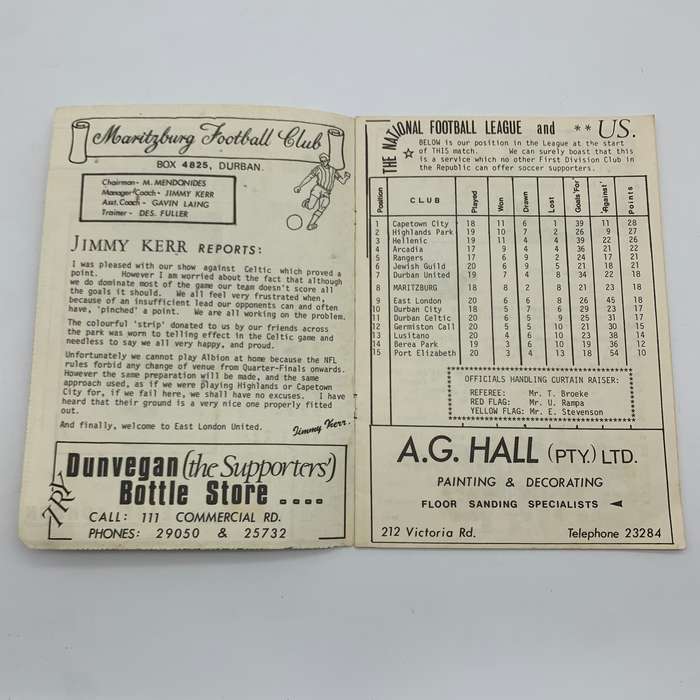 Soccer  1973 'Maritzburg F.C. vs East London United' Official Programme