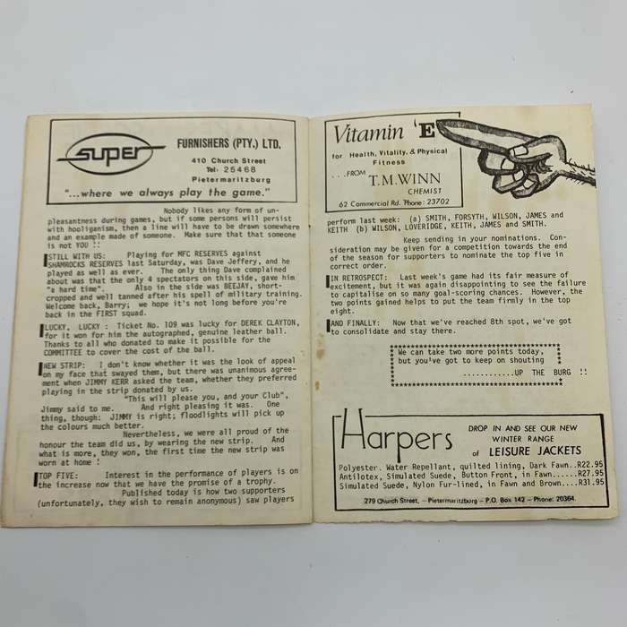 Soccer  1973 'Maritzburg F.C. vs East London United' Official Programme