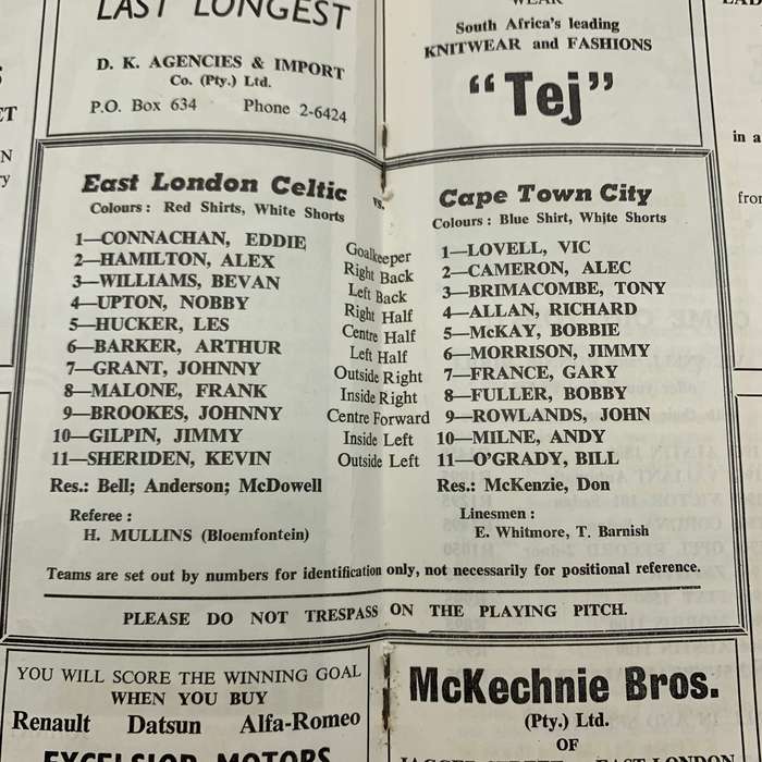Soccer  '1969 East London Celtic vs Cape Town City' Official Programme