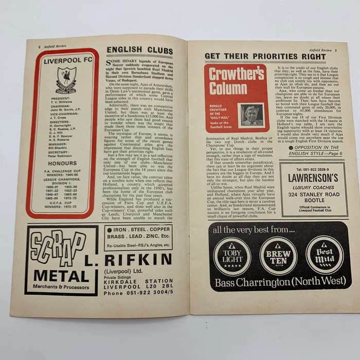 Soccer  '1973 Liverpool vs Sheffield United' Official Programme