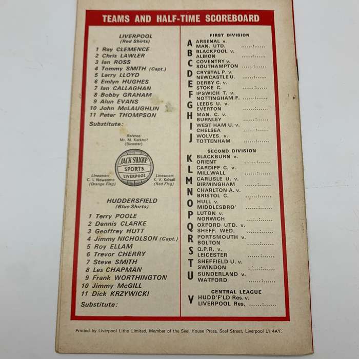 Soccer  '1970 Liverpool vs Huddersfield Town' Official Program