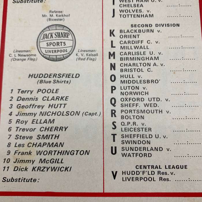 Soccer  '1970 Liverpool vs Huddersfield Town' Official Program