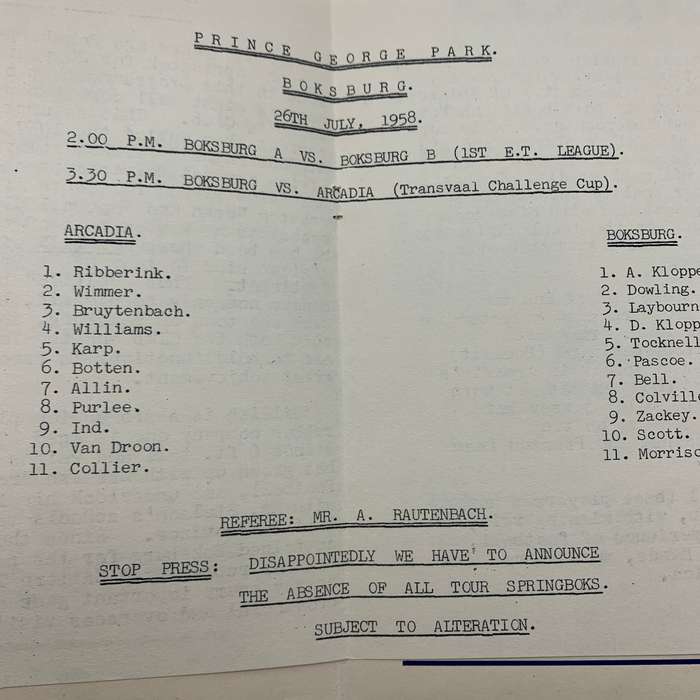 Soccer  '1958 Boksburg vs Arcadia' Official Programme