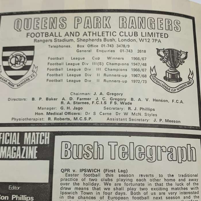 Soccer  '1973/4 Queens Park Rangers vs Ipswich Town' Official Programme