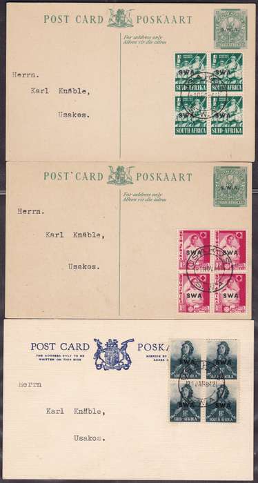 SWA - 3 X VERY NICE POST CARDS, LARGE WARS: BLOCKS OF 4 TIED TO CARDS - FINE