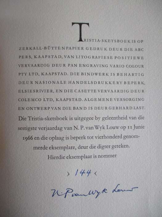 NP van Wyk Louw - TRISTIA SKETSBOEK - Geteken No 144/400